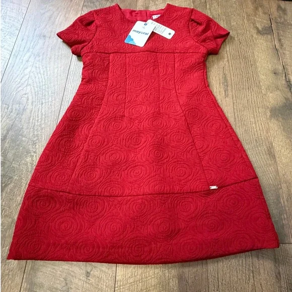 NEW Mayoral Girls Red Jacquard Rose Dress Short Sleeve SZ 8 - Picture 1 of 11